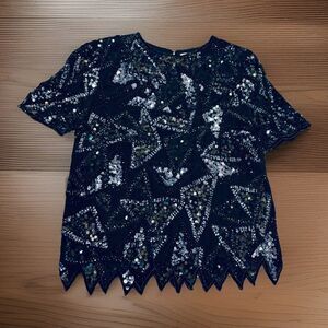 Vintage Styleworks Silk Beaded Sequin Top Black Evening Party Geometrc Blouse M